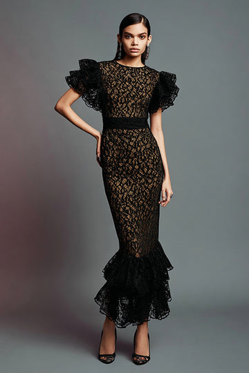 Black Lace Mermaid Long Formal Dress with Ruffled Hem